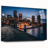 Acrylic print of Boston skyline in muted blue and gray tones, ideal for bedroom or dining room art.