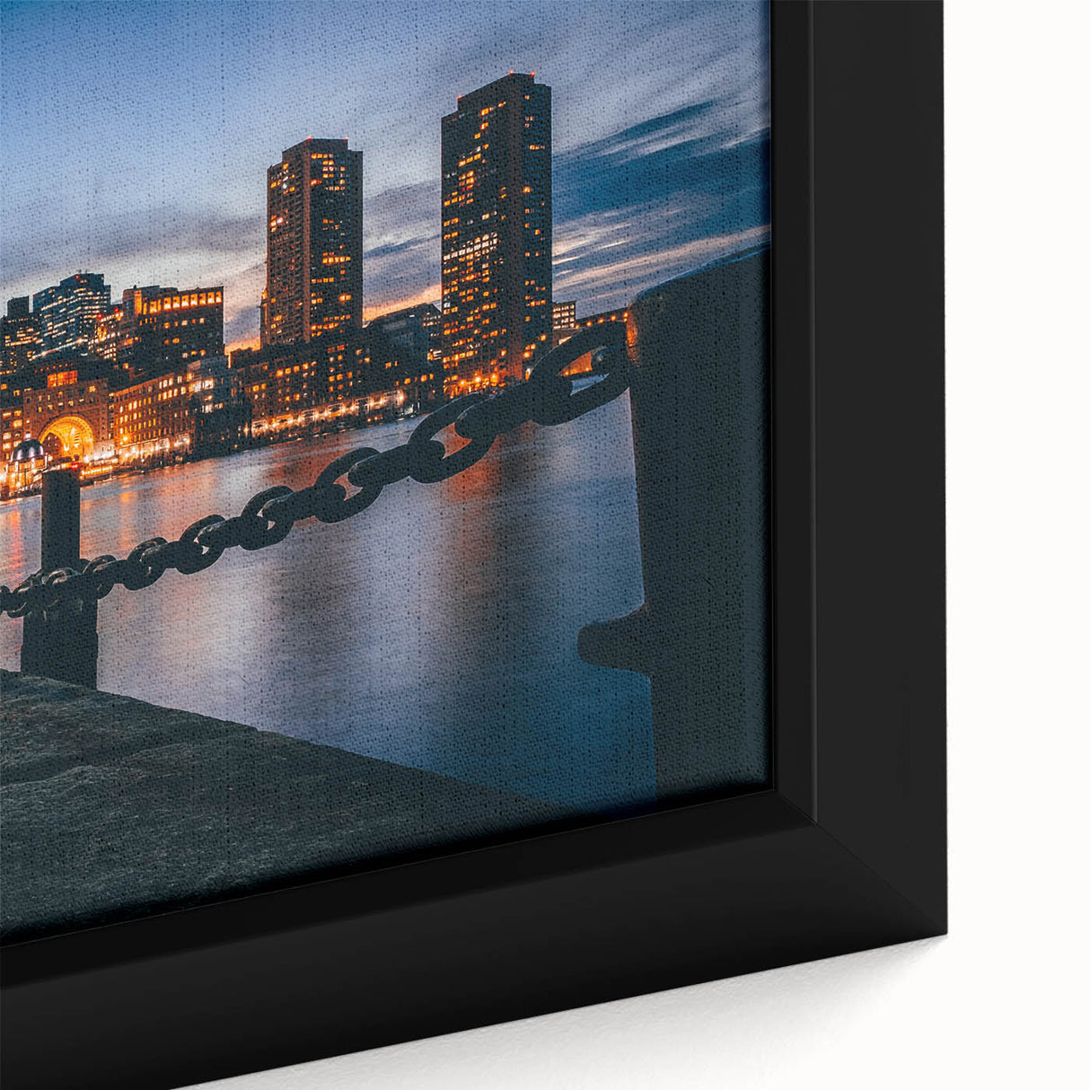 Close-up of textured black wall art featuring a colorful Boston skyline on a framed canvas, ideal for living room decor.