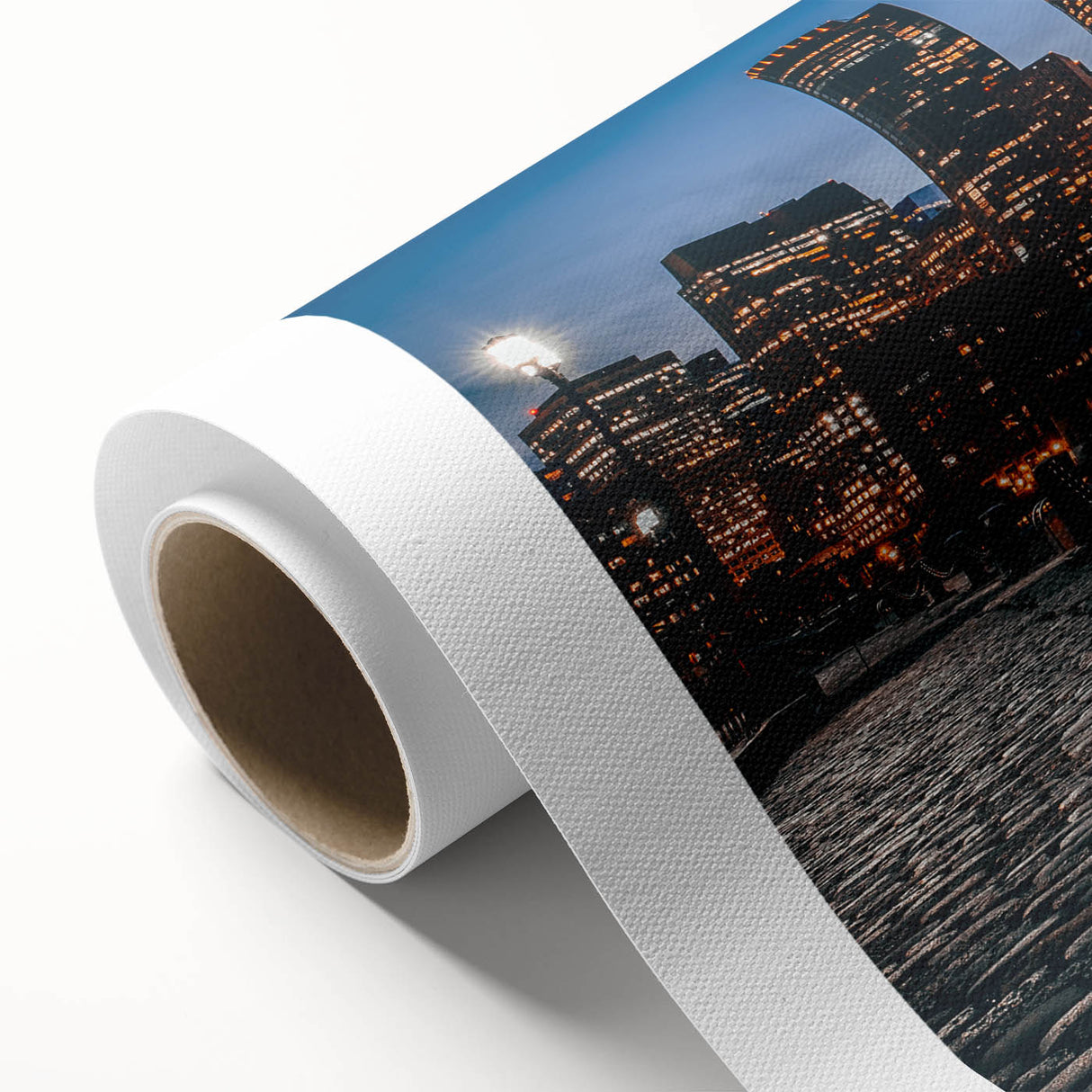 Art deco poster of Boston skyline in muted blue and gray tones on rolled canvas, suitable for nursery wall art.