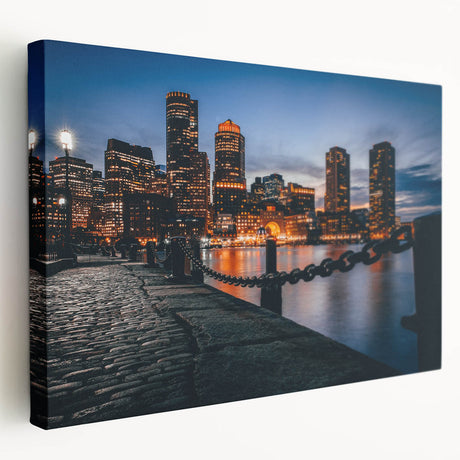 Boston skyline depicted in muted blue and gray tones on a large stretched canvas, ideal for kitchen wall art.