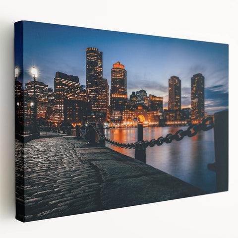 Boston skyline depicted in muted blue and gray tones on a large stretched canvas, ideal for kitchen wall art.