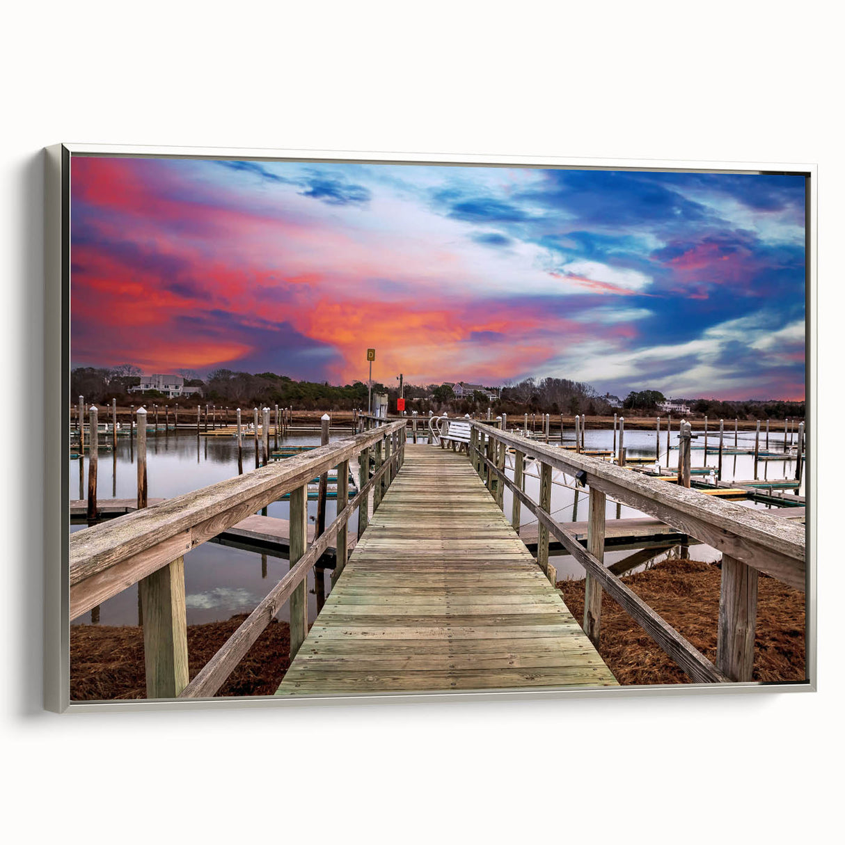 Framed canvas landscape art painting featuring a colorful Cape Cod scenery in vintage poster style.