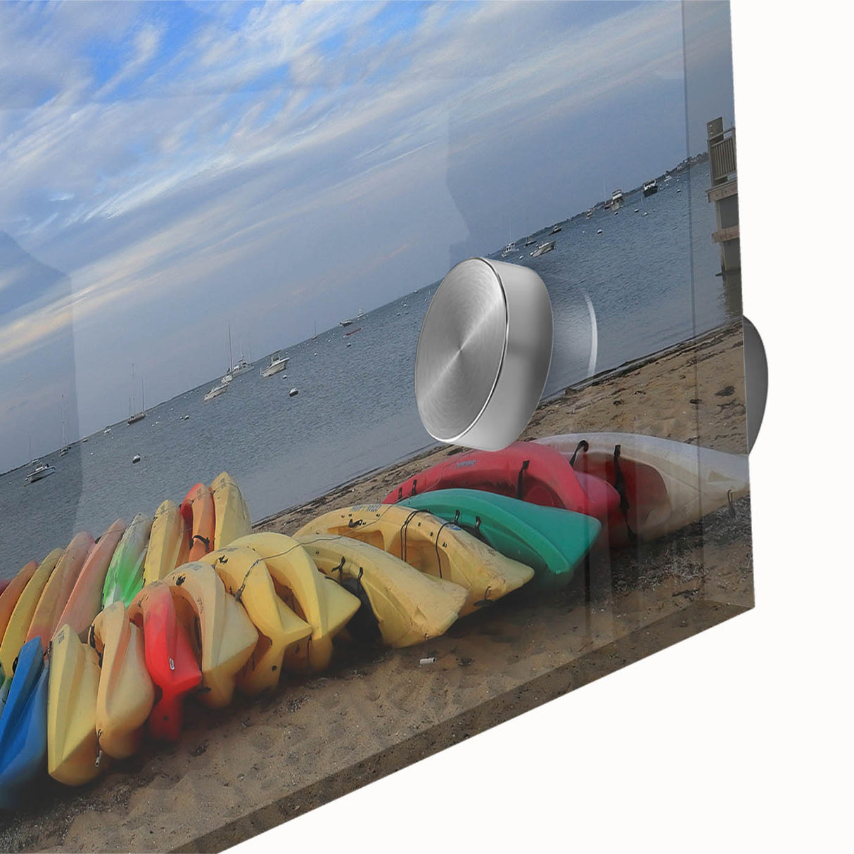 Large abstract wall art of Nantucket scenery in mid-century modernist style on acrylic glass, suitable for dining room decor.