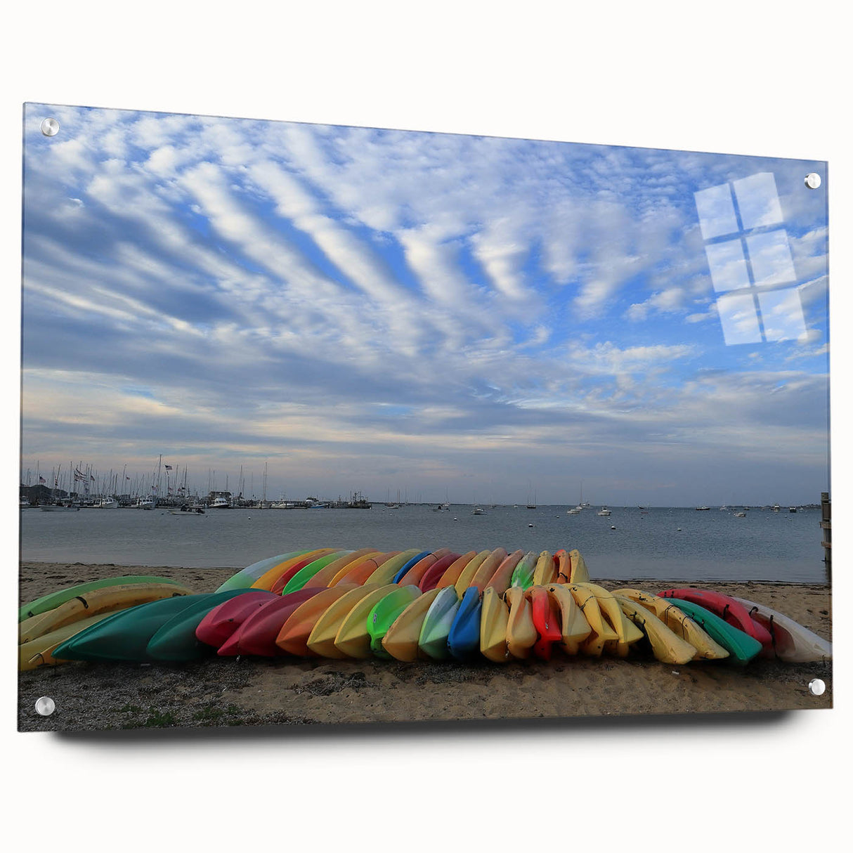 Acrylic print of a serene Nantucket landscape in soft blue and green tones, perfect for dining room decor.