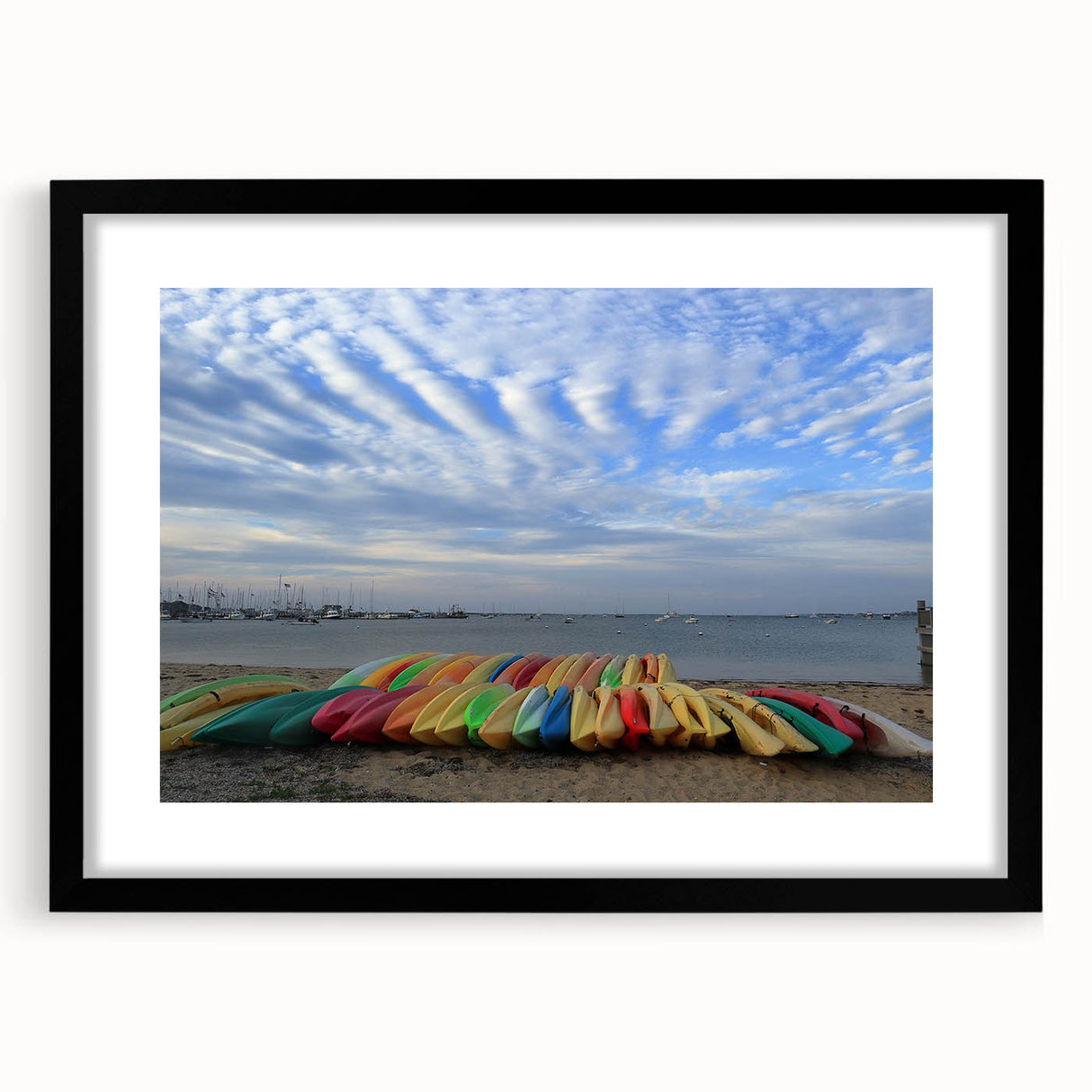 Colorful abstract art print of Massachusetts scenery on textured canvas, framed in black.