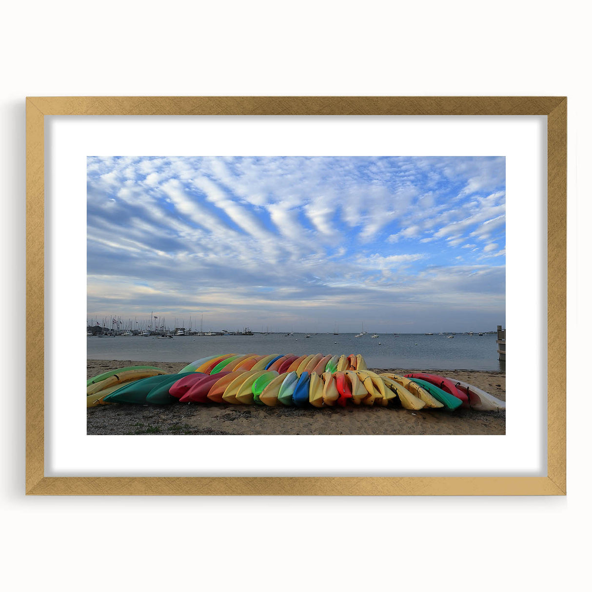 Extra large abstract art print depicting a textured Massachusetts Nantucket scenery in muted earth tones, framed in gold.