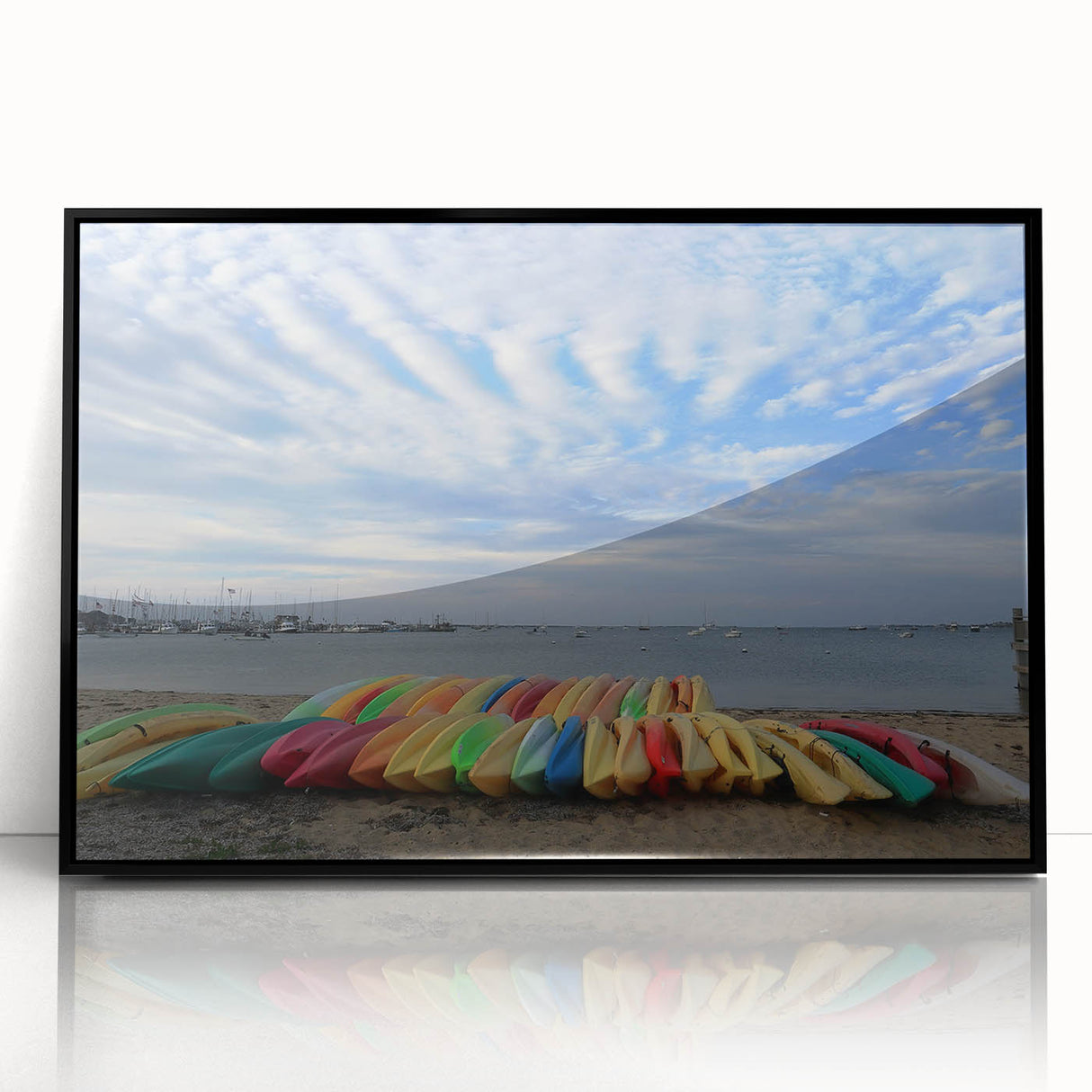 Large abstract wall art depicting a Massachusetts Nantucket scene in muted blue tones, framed in black acrylic.