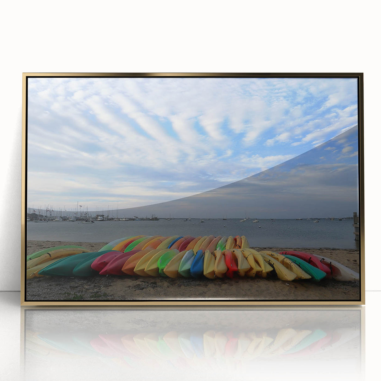 Large art print of a serene Nantucket landscape in mid-century modernist style, framed in gold acrylic.