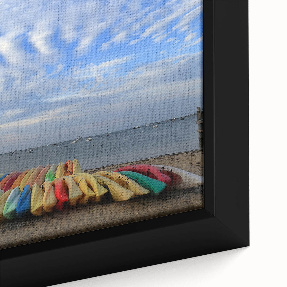 Extra large framed canvas of a textured Massachusetts Nantucket scenery in black with colorful accents.