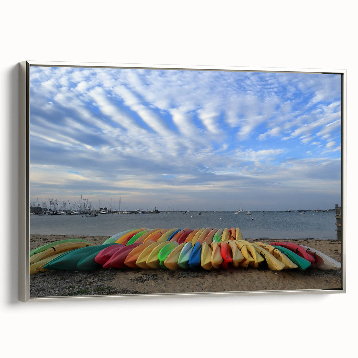 Framed canvas featuring a vintage-style landscape painting of Massachusetts, Nantucket with muted blue and grey tones.