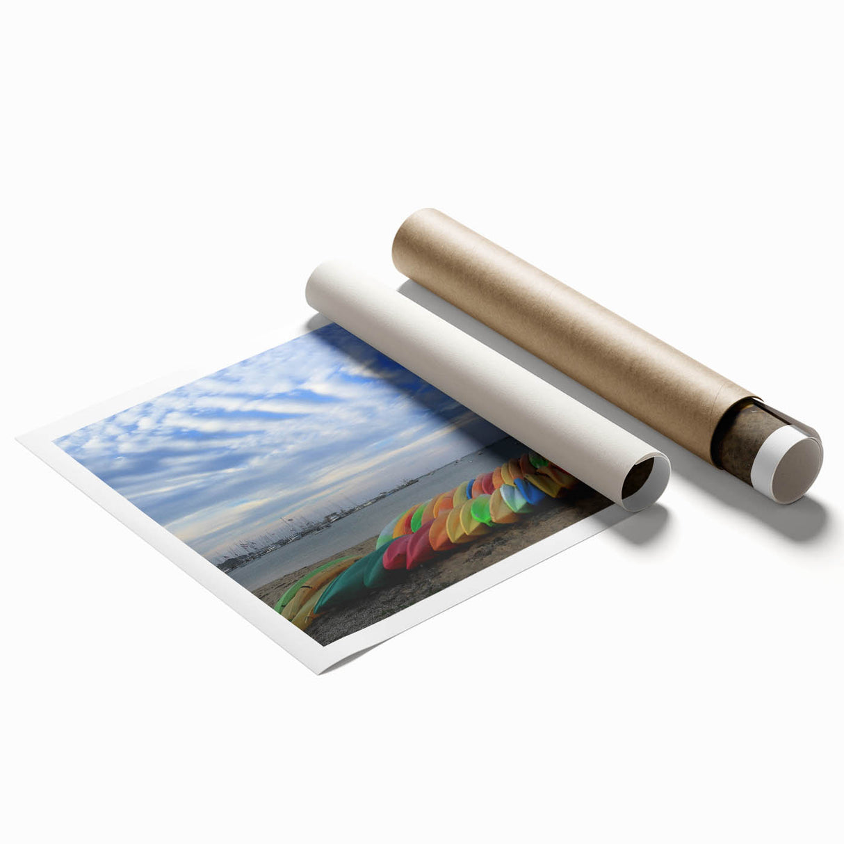 Rolled print of Nantucket scenery with soft blue and white tones, ideal for classy bathroom wall art.