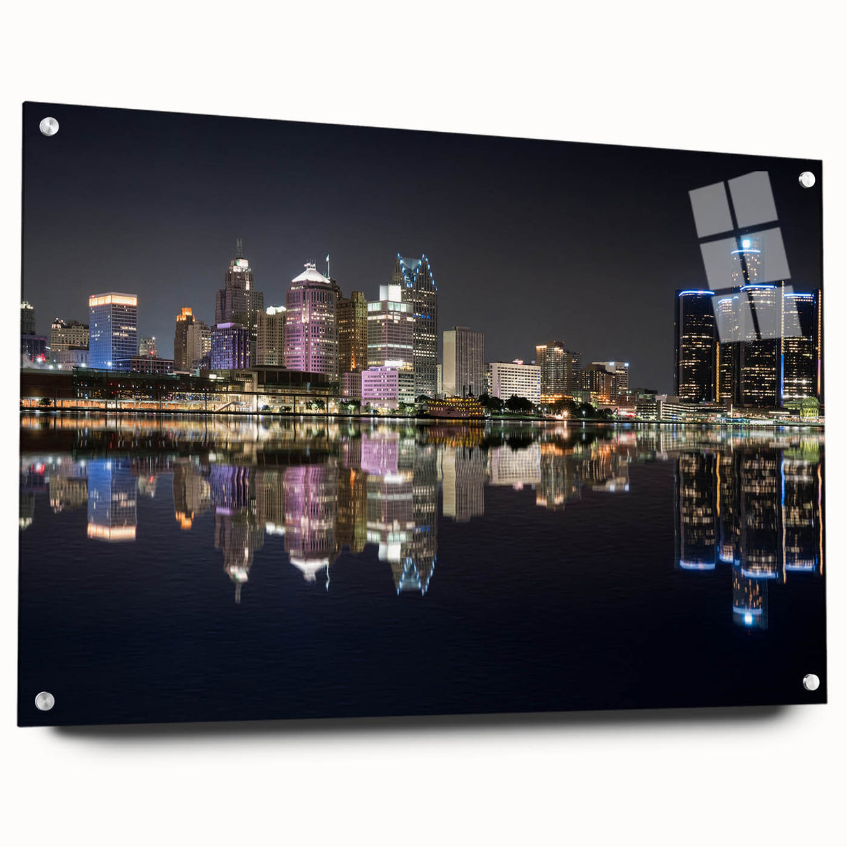Acrylic print of a large abstract depiction of Detroit skyline in muted gray and blue tones.