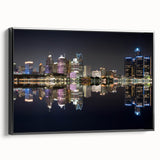 Framed canvas featuring a black and white vintage poster art of the Detroit skyline, perfect for bedroom wall decor.