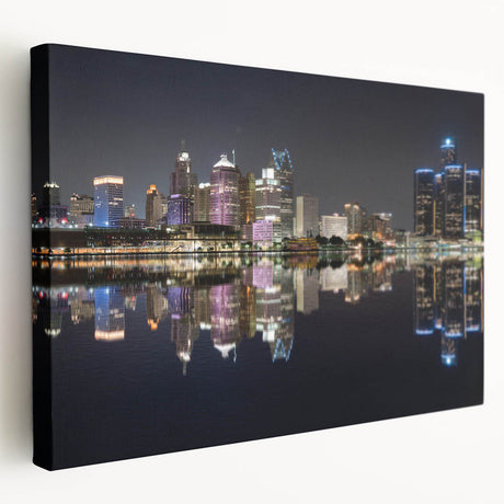 Stretched canvas print of Detroit skyline in muted gray and blue tones, ideal for kitchen wall art.