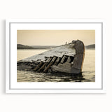 Abstract art print of Michigan's Upper Peninsula in muted green and blue tones on a white framed canvas.