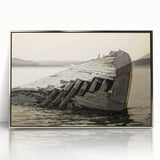 Mid-century modernist art depicting Michigan's Upper Peninsula in muted green and blue tones, silver-framed acrylic.