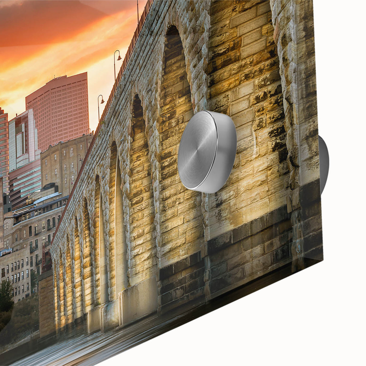 Mid-century modernist acrylic print of Minneapolis scenery in muted blue tones, ideal for dining room art.