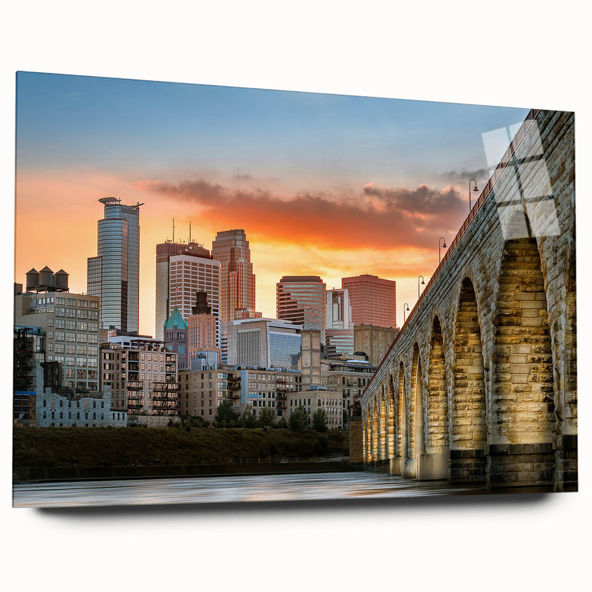 Acrylic print of large abstract Minneapolis skyline in muted blue and gray, ideal for bedroom or dining room art.