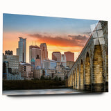 Acrylic print of large abstract Minneapolis skyline in muted blue and gray, ideal for bedroom or dining room art.
