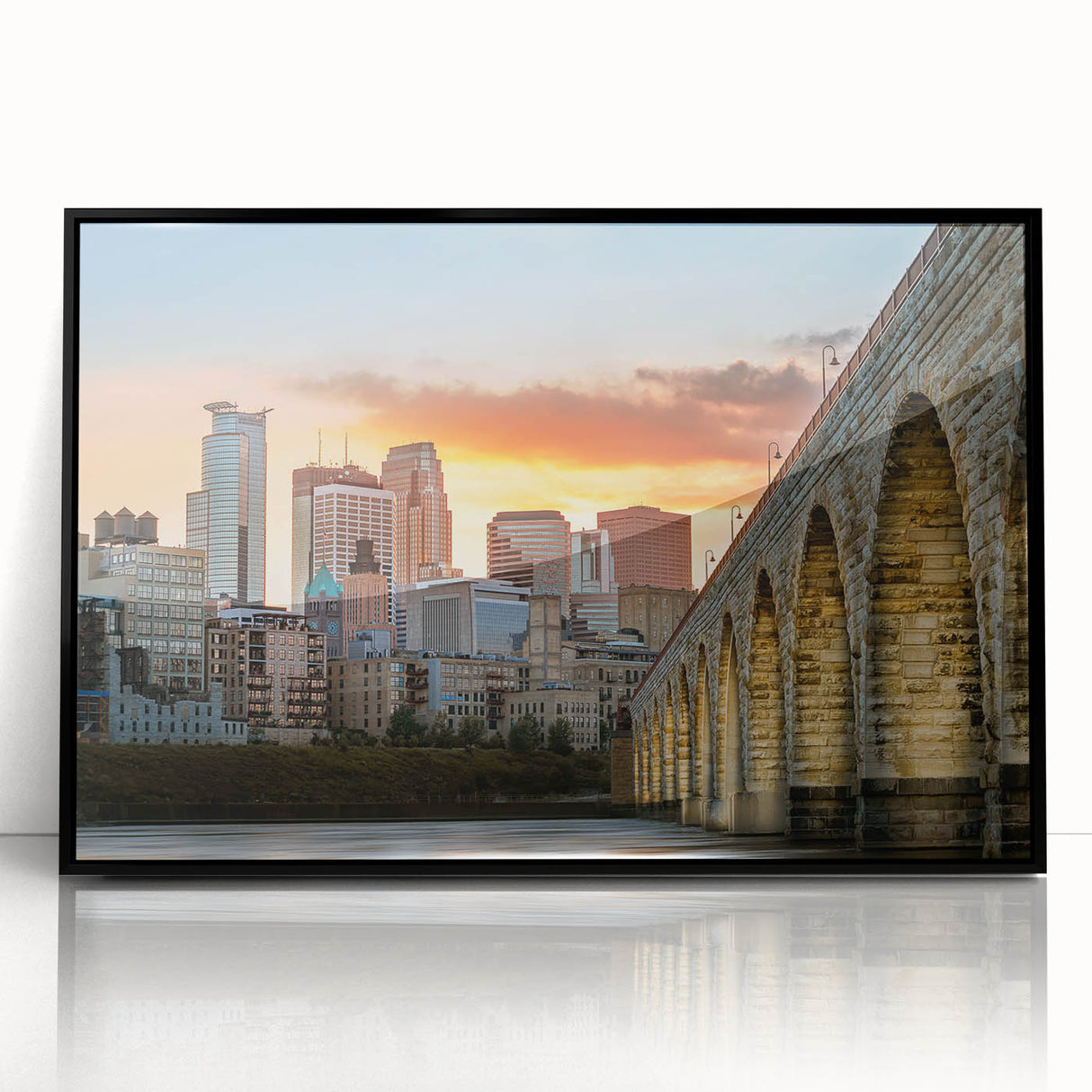 Large abstract wall art featuring the Minneapolis skyline in muted gray tones on a framed acrylic panel.