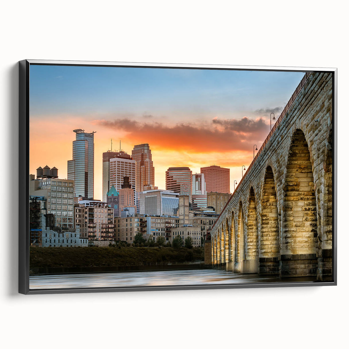 Black and white framed canvas of Minneapolis landscape, ideal for bedroom wall decor.