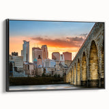 Black and white framed canvas of Minneapolis landscape, ideal for bedroom wall decor.
