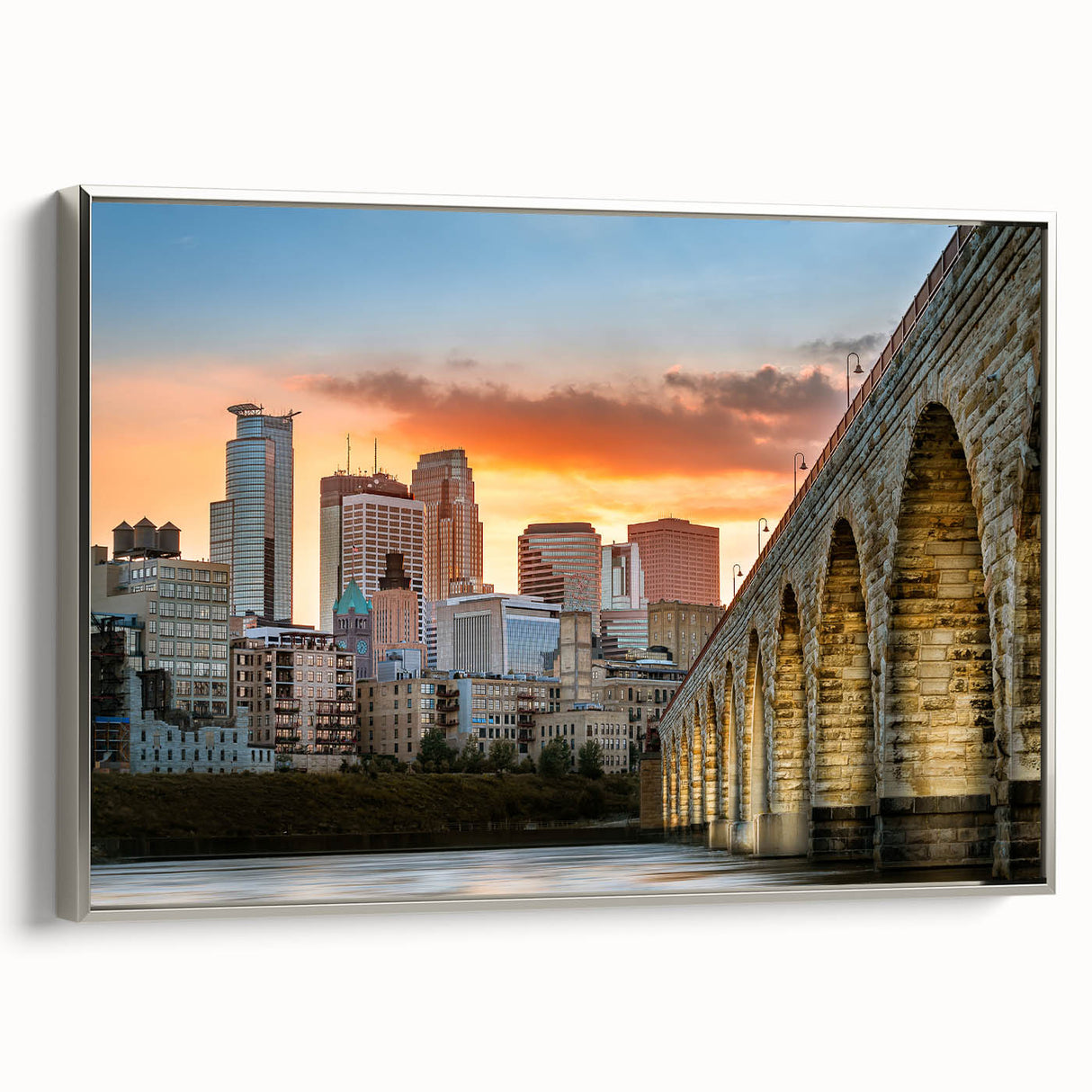 Framed canvas featuring a colorful Minneapolis skyline landscape, ideal for modern office decor.