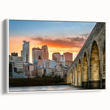 Framed canvas of a vintage poster art featuring the Minneapolis skyline in vibrant colors, ideal for living room decor.