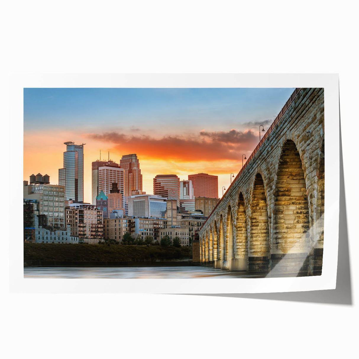 Extra large rolled print of Minneapolis skyline with pastel shades, ideal for art wall dining room.