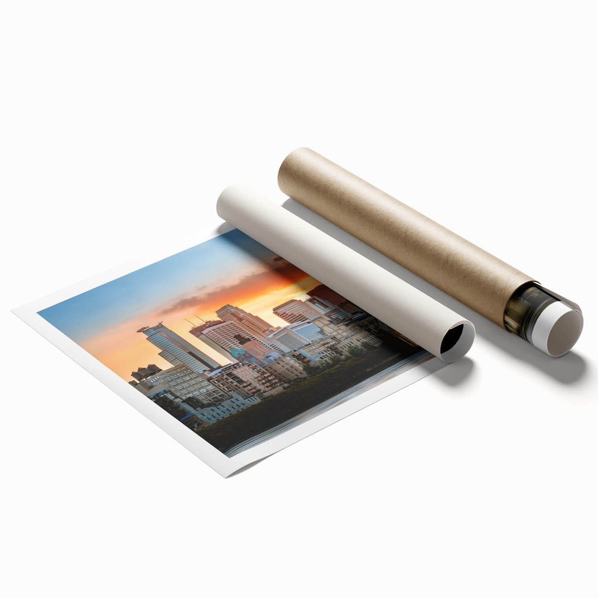Extra large rolled print of Minneapolis skyline in muted gray tones, ideal for classy bathroom wall art.