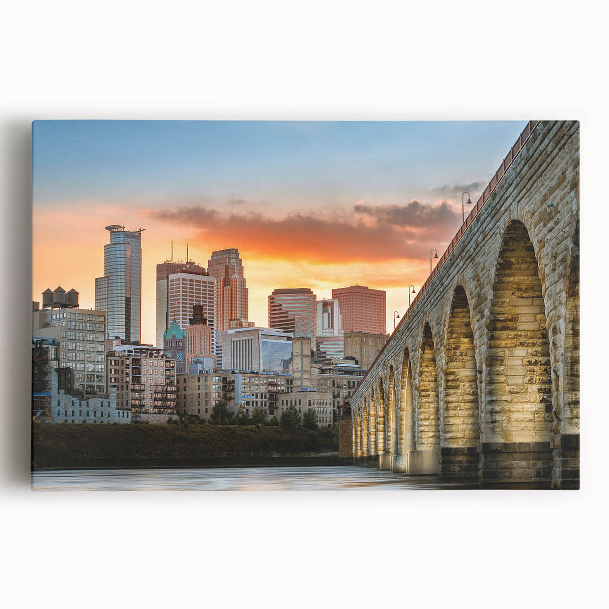 Black and white Minneapolis skyline on large stretched canvas, suitable for kitchen wall art.