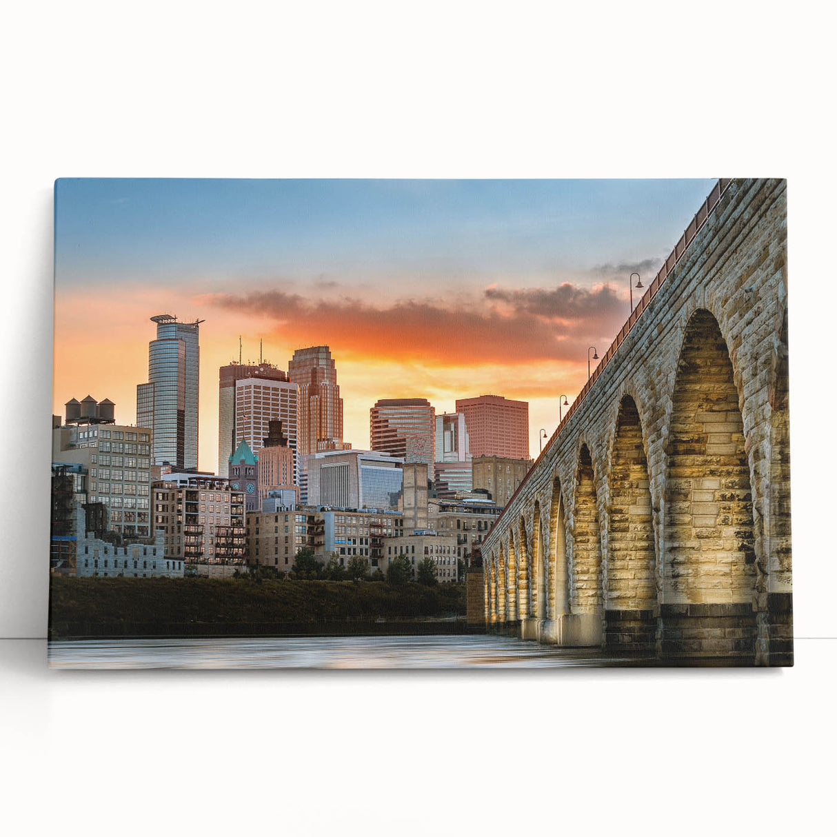 Black and white stretched canvas of Minneapolis skyline, ideal for kitchen wall art or bedroom ambiance.