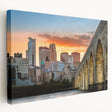 Panoramic view of Minneapolis skyline in muted blues on large stretched canvas, suitable for kitchen wall art.