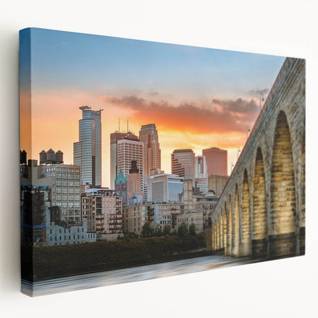 Panoramic view of Minneapolis skyline in muted blues on large stretched canvas, suitable for kitchen wall art.