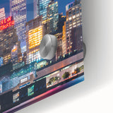 Large abstract wall art of Kansas City skyline in muted gray and blue tones on acrylic glass, ideal for dining room art.