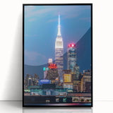 Large abstract wall art of Kansas City skyline in muted colors on framed acrylic, ideal for modern living room decor.