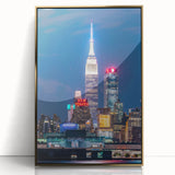 Mid-century modernist art of Kansas City skyline in gold and blue hues on framed acrylic, suitable for modern art wall decor.