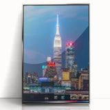 Mid-century modernist art of Kansas City skyline in muted gray and blue tones on framed acrylic.