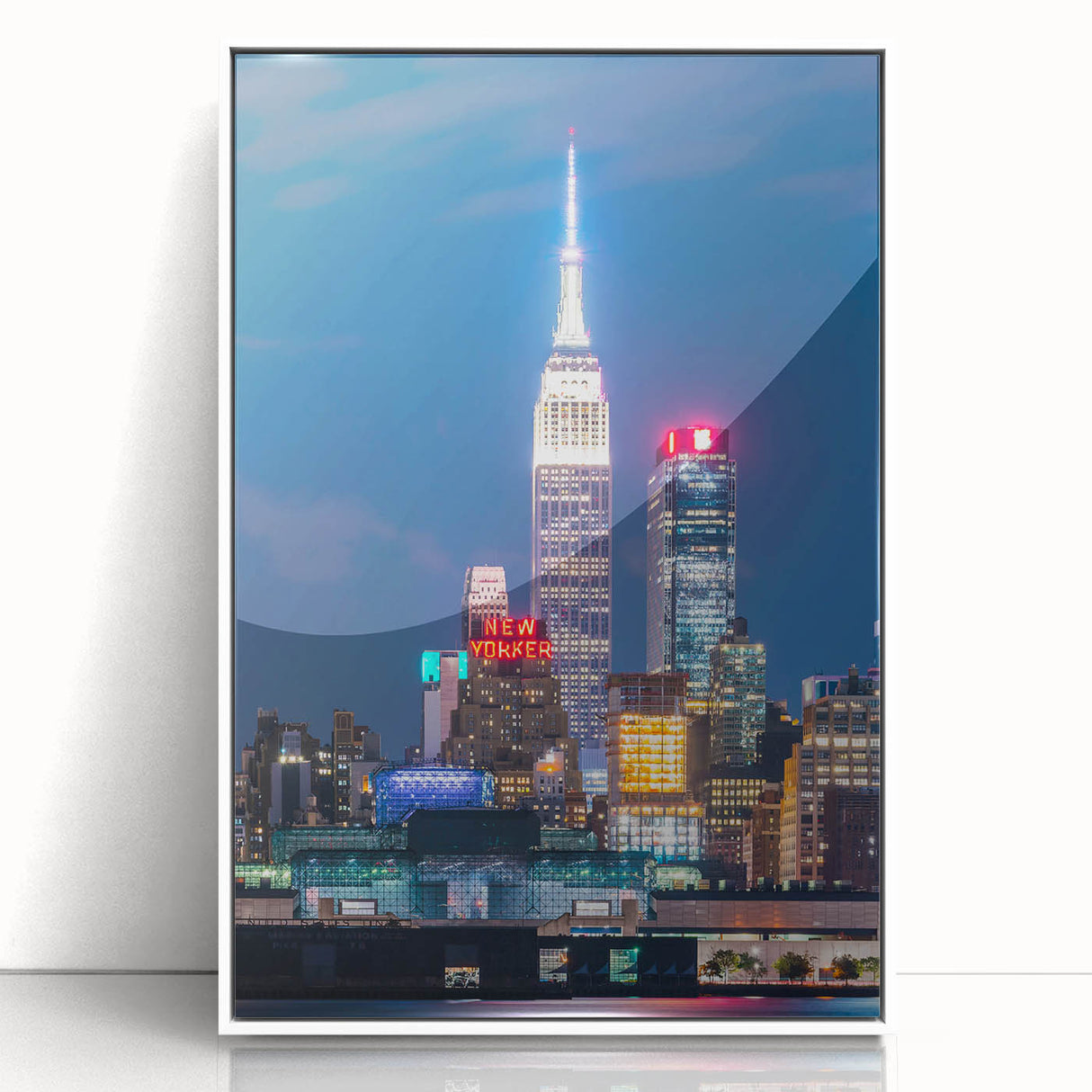 Art deco poster of Kansas City skyline in muted gray and blue tones on framed acrylic, ideal for modern art wall decor.