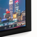 Extra large framed canvas featuring a textured depiction of the Kansas City skyline in black with colorful accents.