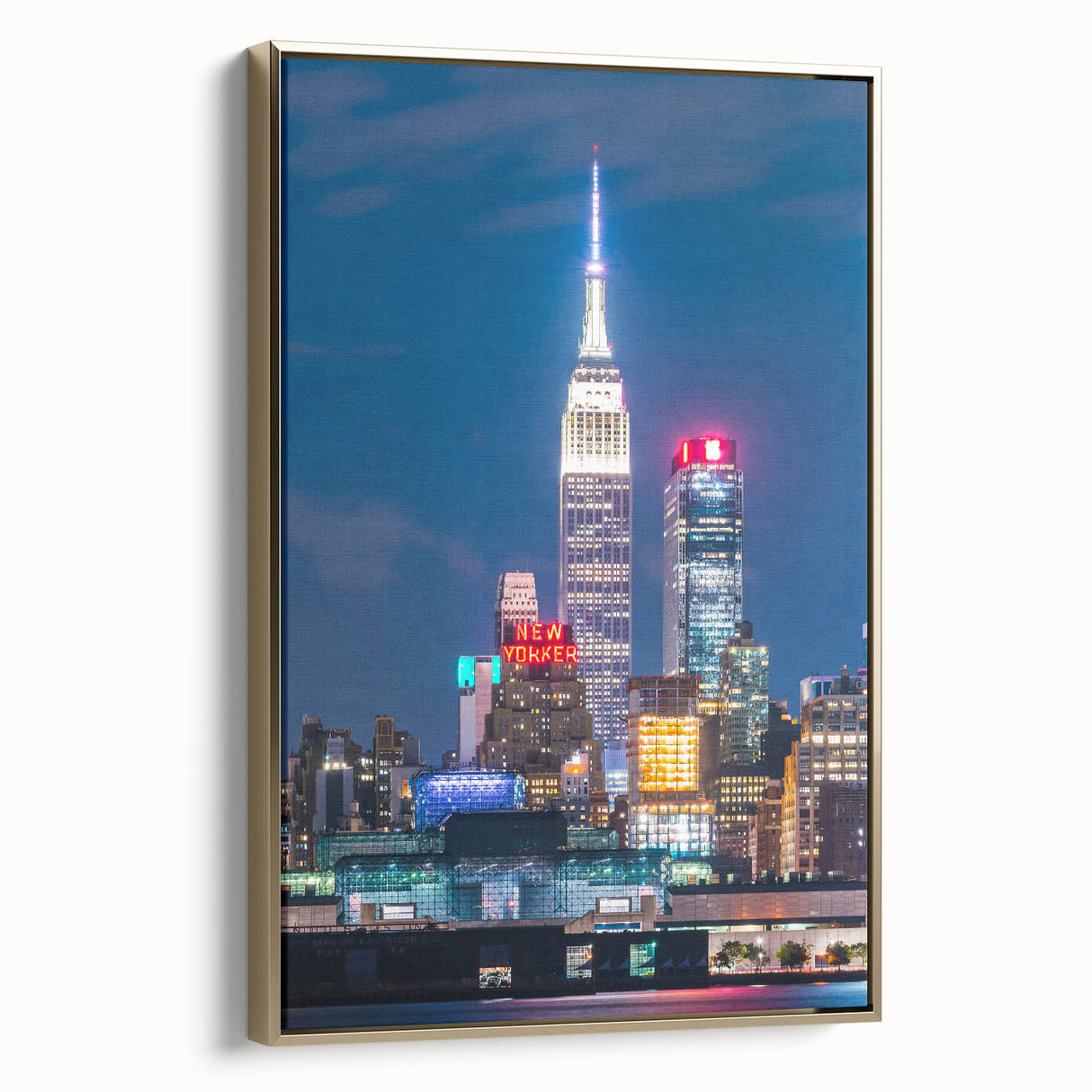 Framed canvas of Kansas City landscape in black and gold tones, ideal for bedroom wall decor.