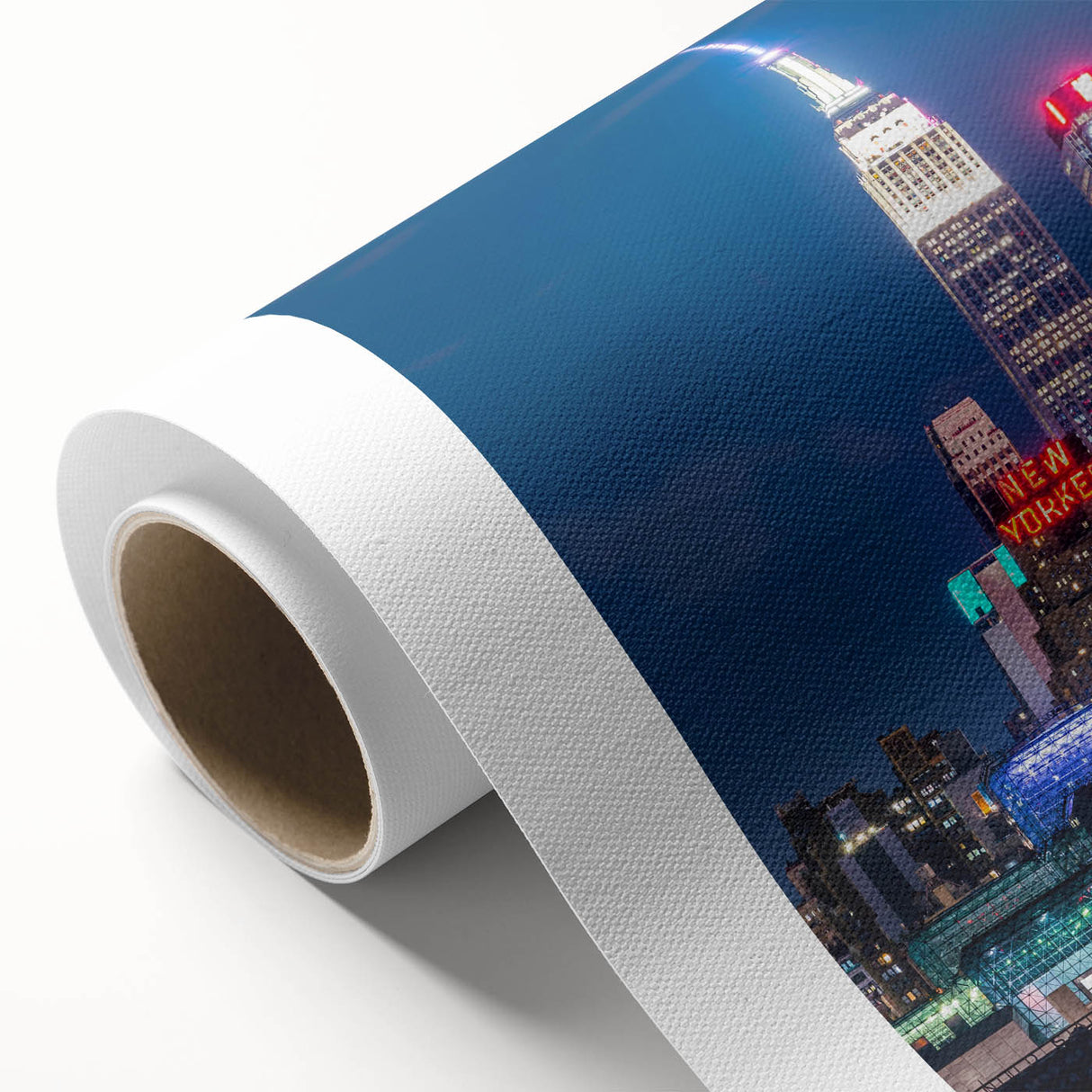 Art Deco-style poster of Kansas City skyline in muted gold and navy tones on rolled canvas, ideal for nursery wall art.