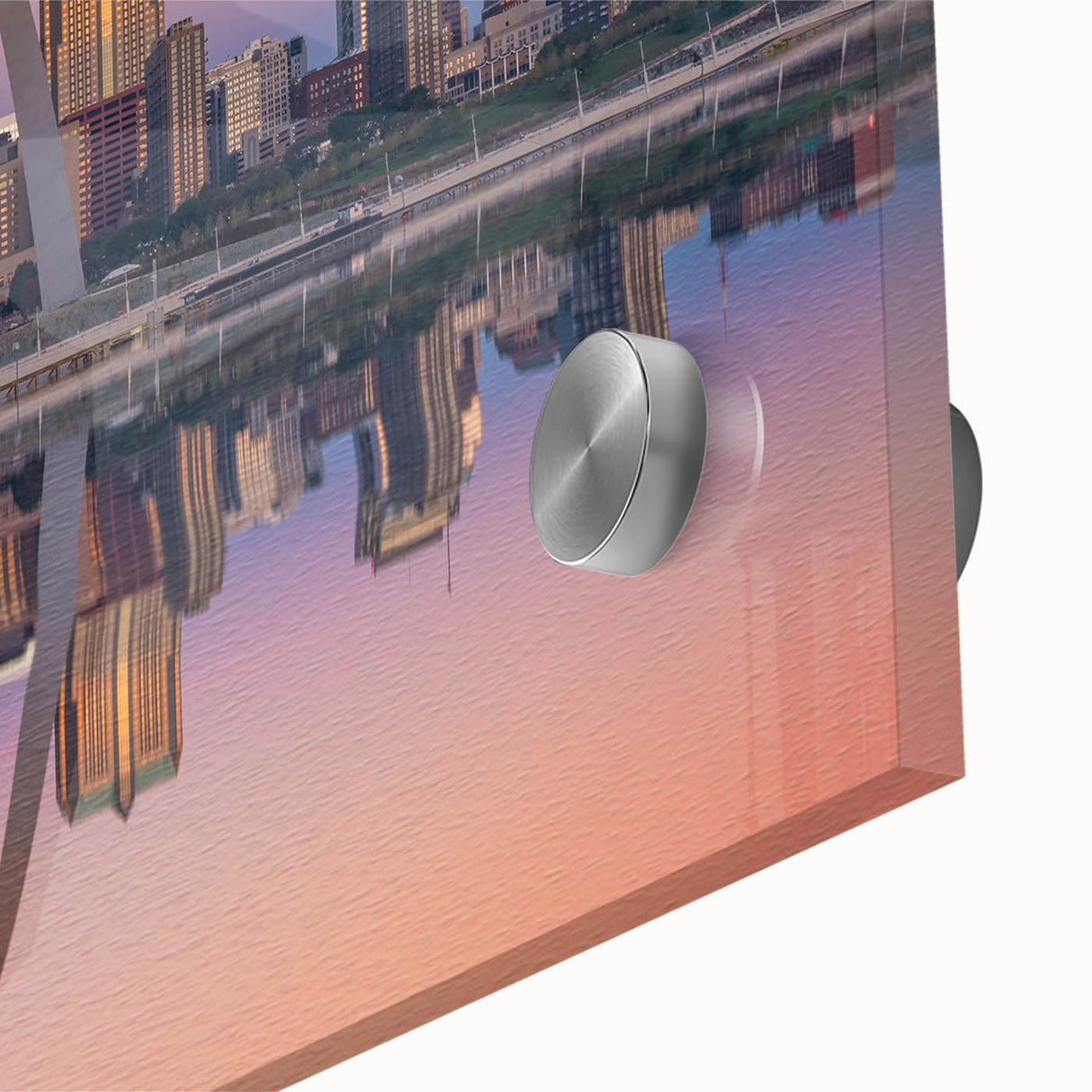Large abstract depiction of St. Louis skyline in muted earth tones on acrylic glass, suitable for dining room art.