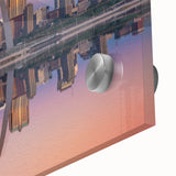 Large abstract depiction of St. Louis skyline in muted earth tones on acrylic glass, suitable for dining room art.
