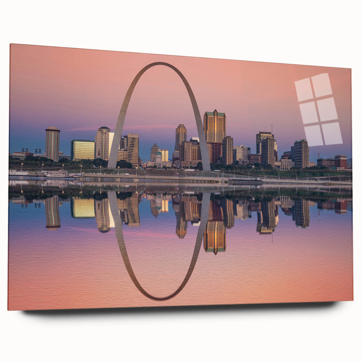 Acrylic print of St. Louis skyline with muted blue and gray tones, suitable for bedroom or dining room decor.