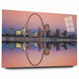 Acrylic print of St. Louis skyline with muted blue and gray tones, suitable for bedroom or dining room decor.