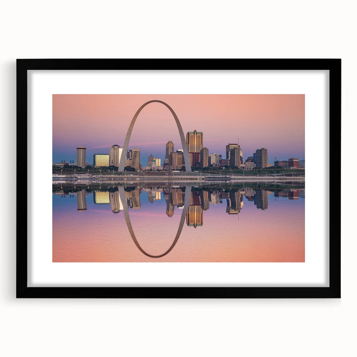Abstract art print of St. Louis skyline in vibrant colors on a large textured canvas, ideal for living room decor.