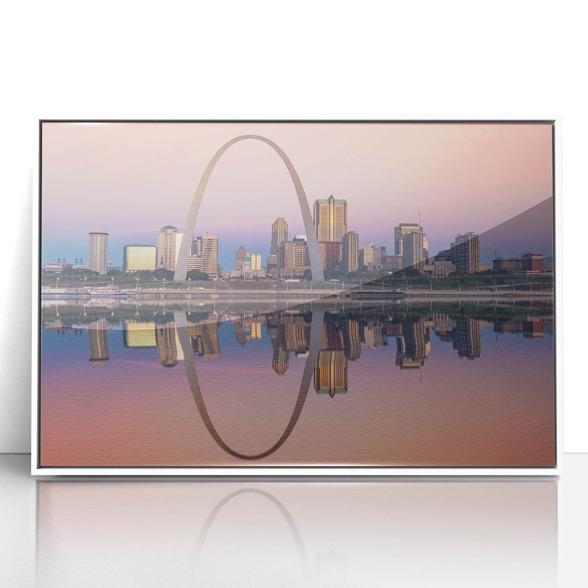 Framed acrylic print of St. Louis skyline in art deco style with pastel shades, ideal for modern nursery wall art.