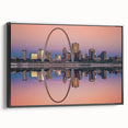 Black and white framed canvas of St. Louis skyline, ideal for bedroom wall art, featuring a vintage poster style.