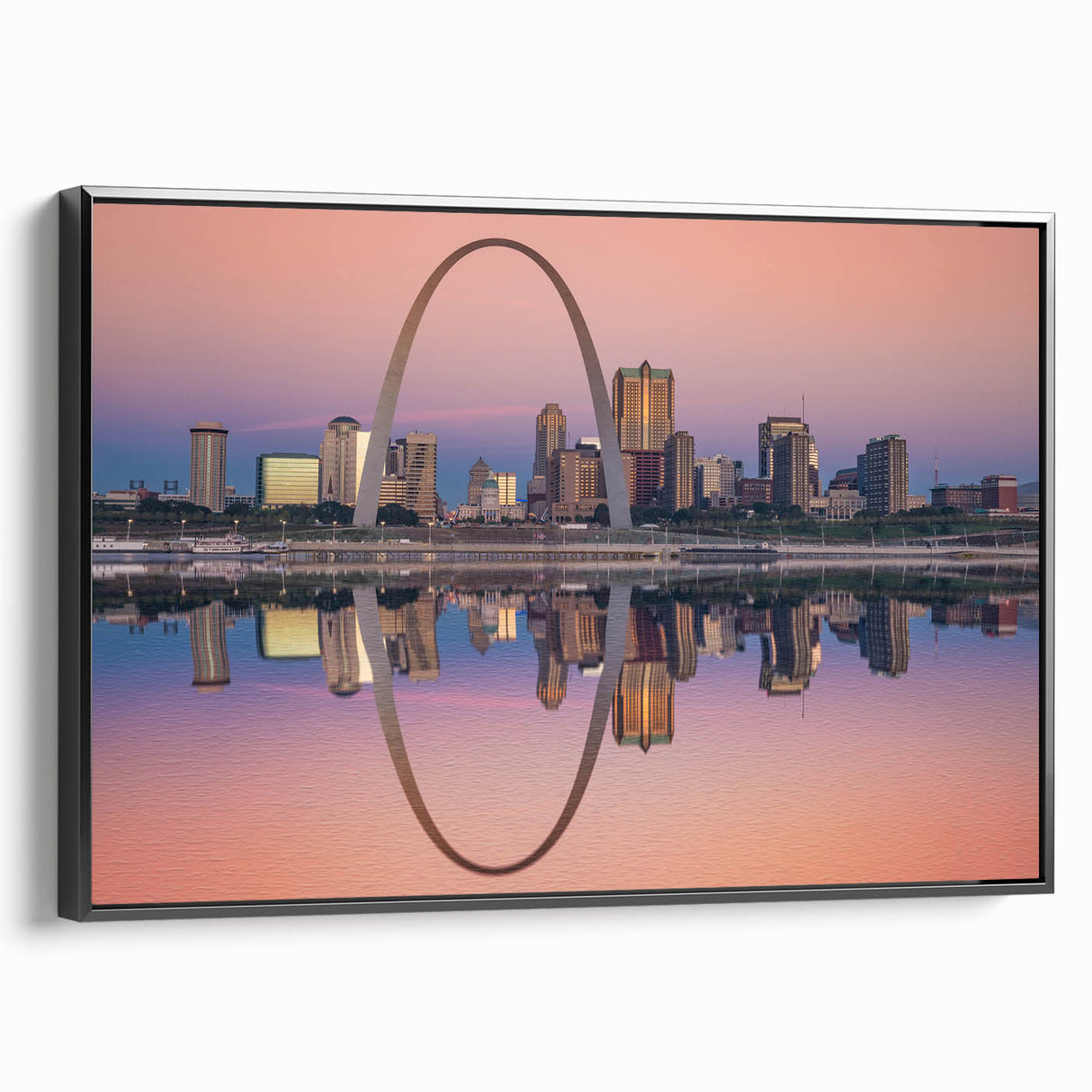 Black and white framed canvas of St. Louis skyline, ideal for bedroom wall art, featuring a vintage poster style.